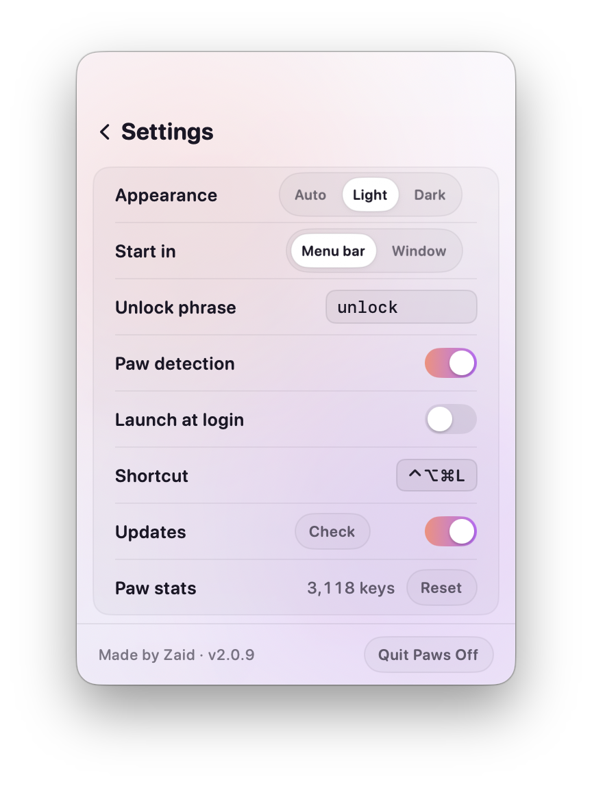 Paws Off settings: appearance, unlock phrase, paw detection, updates and paw stats